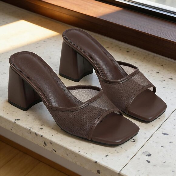 Women's Chocolate Mesh Slide Sandals Square Open Toe Mules Chunky Heels Slip On - Picture 5 of 6